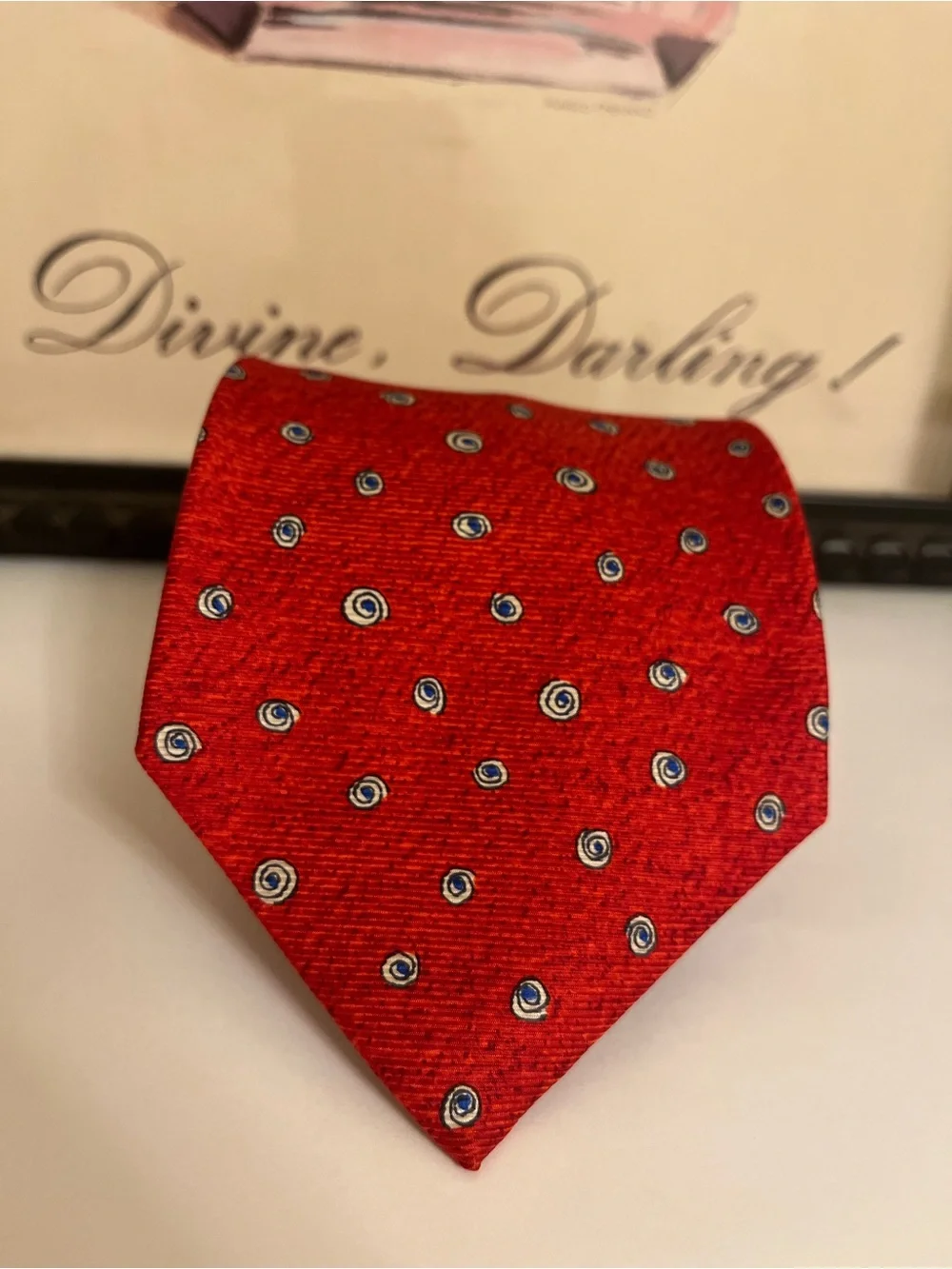 BVLGARI Red Silk Tie with Blue and Ivory Dot Motif - Made in Italy - 3.75” Width